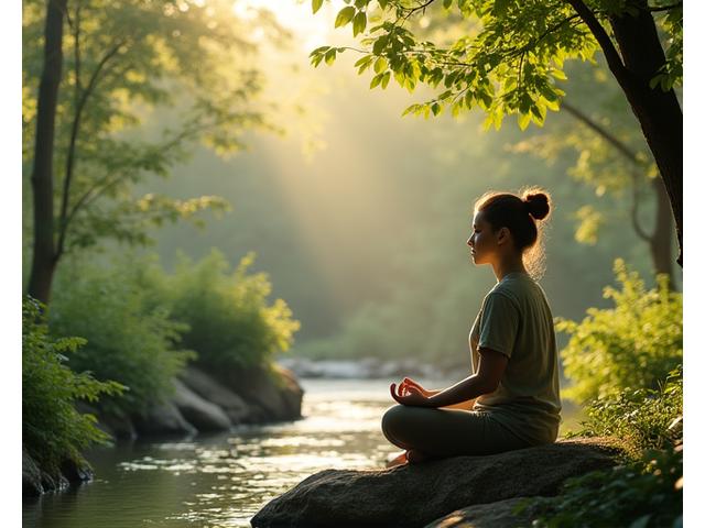Person meditating peacefully outdoors amidst lush greenery